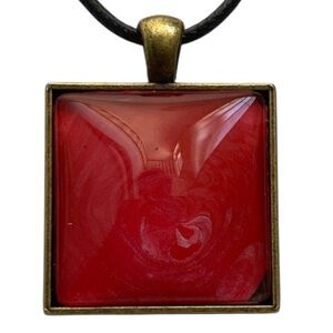 Handmade Red Fluid Art Square Pendant Necklace with Cord by Svetlana Yeung